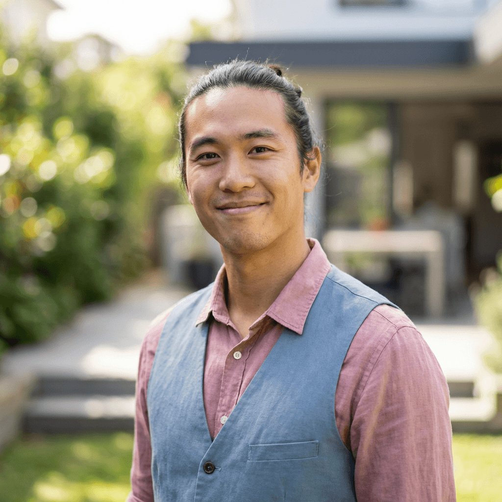 Male office manager in his early 30s, East Asian, professional friendly demeanor