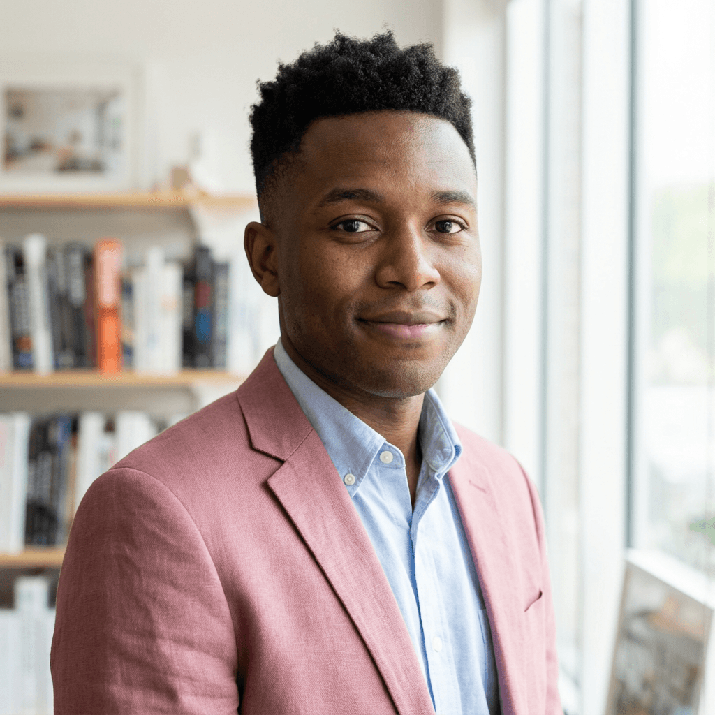Male retail store manager in his late 30s, Black, friendly professional demeanor