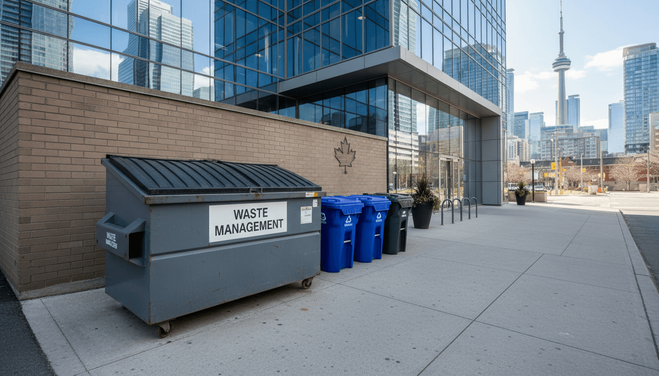 Commercial dumpster and recycling bins outside a business in Toronto