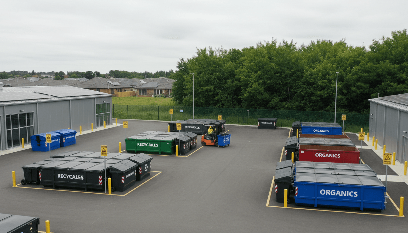 Commercial waste bins outside a loading dock